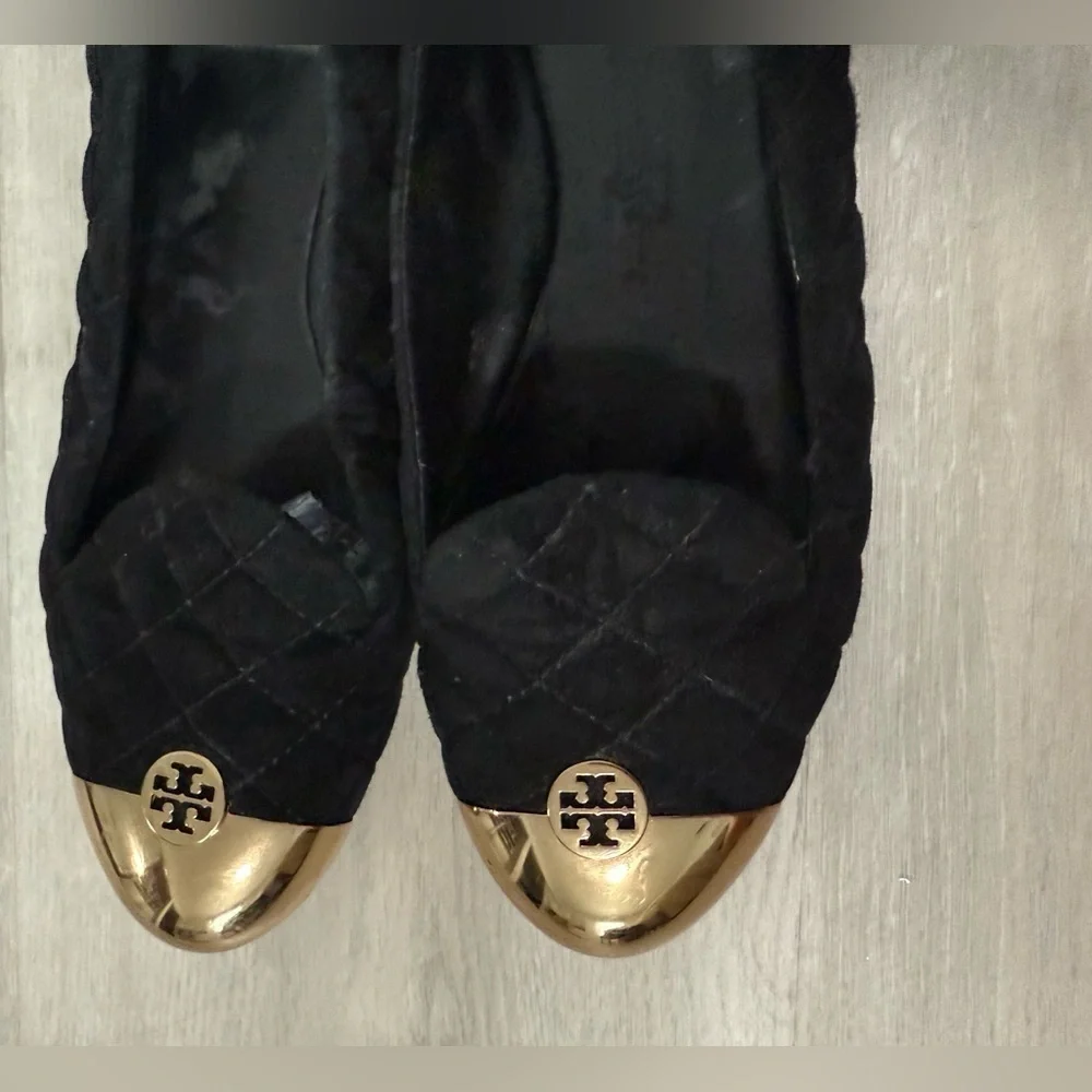 Tory Burch Womens Kaitlin Quilted Suede Smoking Slipper Flat Black-Bronze Size 7